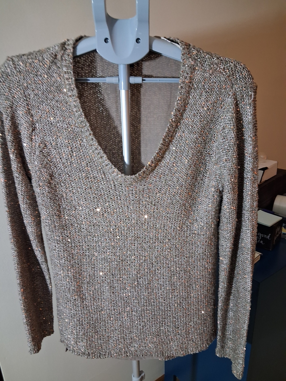 Women’s V-Neck Metallic Knit Sweater in Taupe
